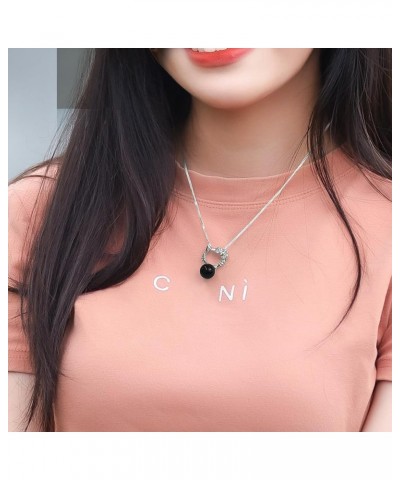 Kitty Pendant Necklace, Silver Plated Agate/Crystal/Pearl Link Chain Gift for Women Girls Trendy Black Agate $8.54 Necklaces