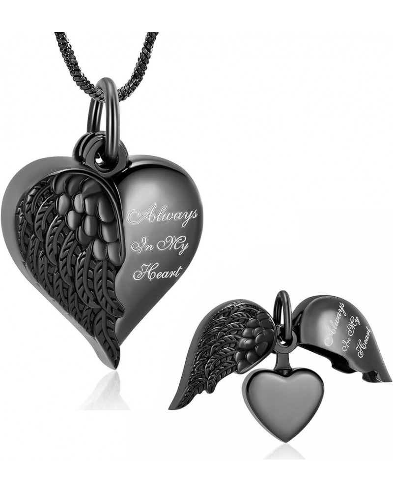 Cremation Jewelry for Ashes Angel Wing Heart Keepsake Urn Necklace Pendant for Women Men Memorial Locket Ashes Holder Black-A...