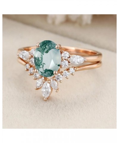 Moss Agate Ring Set Natural Moss Agate and Moissanite Engagement Ring for Women 10K 14k 18K Gold Moss Agate Engagement Ring W...