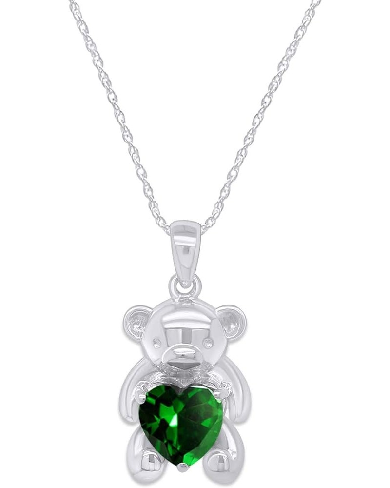 925 Sterling Silver Teddy Bear Pendant Necklace with Simulated Gemstone Love Heart Bear white-gold-plated-silver Emerald $25....