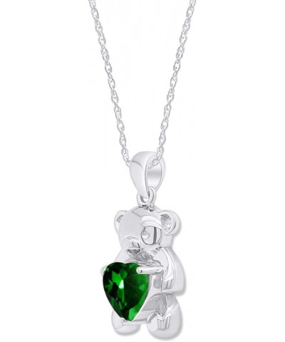 925 Sterling Silver Teddy Bear Pendant Necklace with Simulated Gemstone Love Heart Bear white-gold-plated-silver Emerald $25....