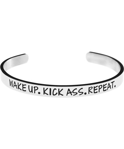 Hand Stamped Bracelet Cuff Bangle for Women Wake Up Kick Ass Repeat Stainless Steel Feminist Jewelry Wake up kick ass repeat-...