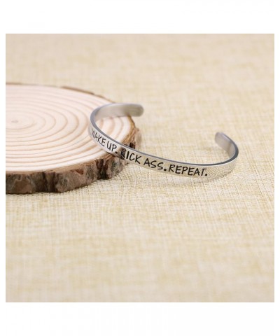 Hand Stamped Bracelet Cuff Bangle for Women Wake Up Kick Ass Repeat Stainless Steel Feminist Jewelry Wake up kick ass repeat-...