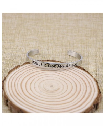 Hand Stamped Bracelet Cuff Bangle for Women Wake Up Kick Ass Repeat Stainless Steel Feminist Jewelry Wake up kick ass repeat-...