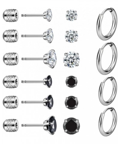 8 Pairs Stainless Steel Stud Earrings Set Push-in Threadless Flat Back Stud Earrings Hypoallergenic Cubic Zirconia Hoop Earri...