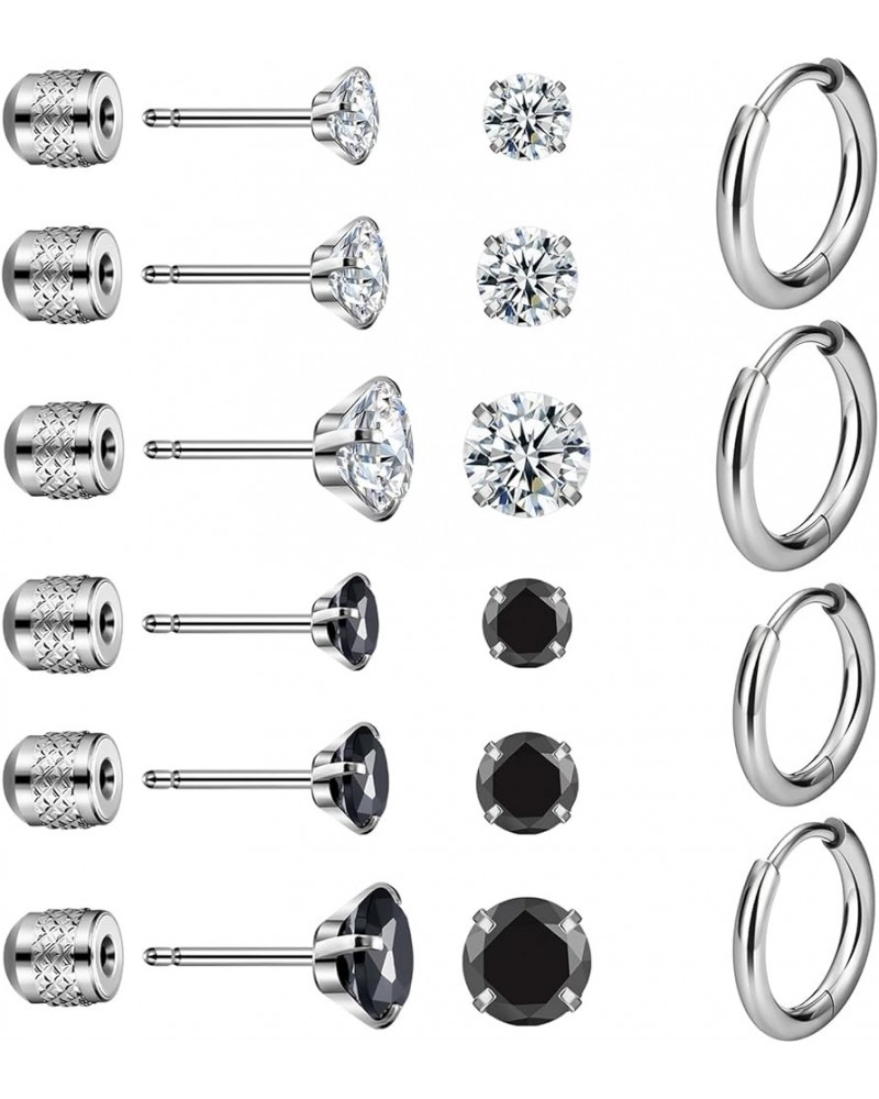 8 Pairs Stainless Steel Stud Earrings Set Push-in Threadless Flat Back Stud Earrings Hypoallergenic Cubic Zirconia Hoop Earri...