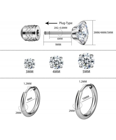 8 Pairs Stainless Steel Stud Earrings Set Push-in Threadless Flat Back Stud Earrings Hypoallergenic Cubic Zirconia Hoop Earri...