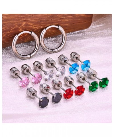 8 Pairs Stainless Steel Stud Earrings Set Push-in Threadless Flat Back Stud Earrings Hypoallergenic Cubic Zirconia Hoop Earri...