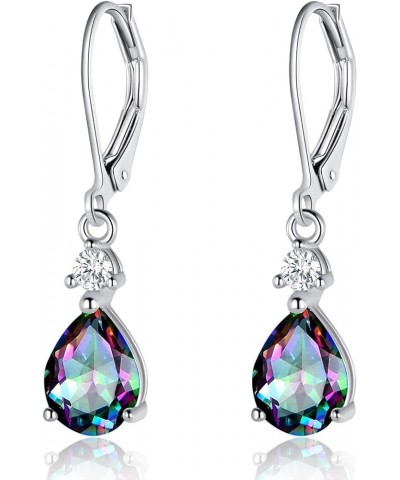 925 Sterling Silver Blue Topaz/Amethyst/Rainbow Quartz CZ Teardrop Leverback Earrings Drop Dangly Gemstone Earings Hypoallerg...