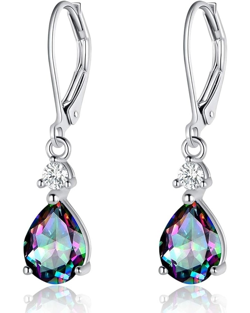 925 Sterling Silver Blue Topaz/Amethyst/Rainbow Quartz CZ Teardrop Leverback Earrings Drop Dangly Gemstone Earings Hypoallerg...