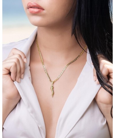 18K Gold Plated Flat Marina Chain With Italian Horn Necklace Cornicello - Made In Brazil 18 Inches $10.59 Necklaces