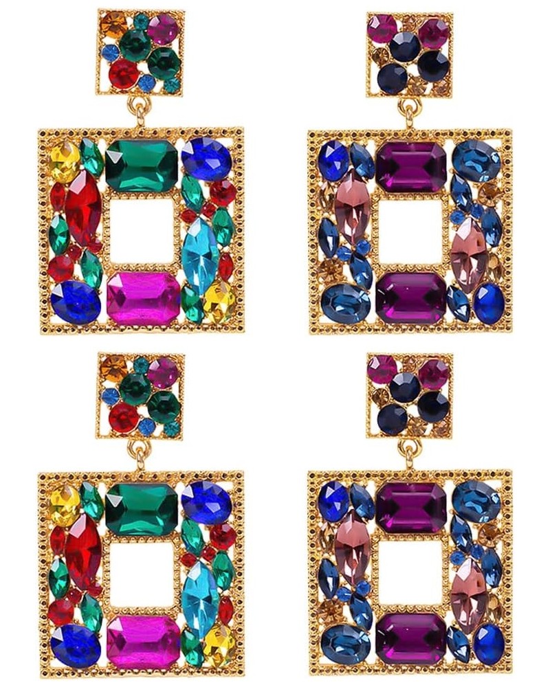 2 Pairs Rhinestone Dangle Earrings For Women Fashion Sparkly Crystal Geometric Rectangle Statement Drop Earrings For Girls Bi...