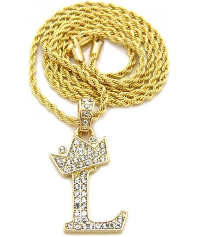 Unisex Small Pave Crowned Initial Alphabet Letter Pendant 24 inches Rope Chain Necklace in Gold Silver Tone L - Gold Tone $13...