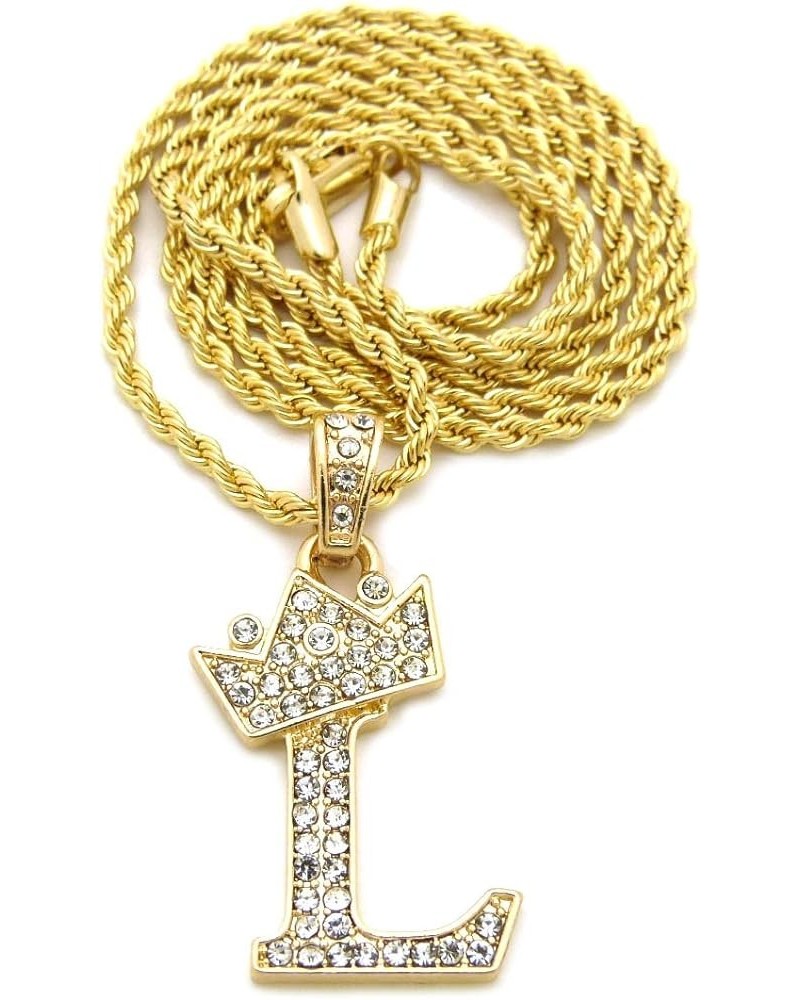 Unisex Small Pave Crowned Initial Alphabet Letter Pendant 24 inches Rope Chain Necklace in Gold Silver Tone L - Gold Tone $13...