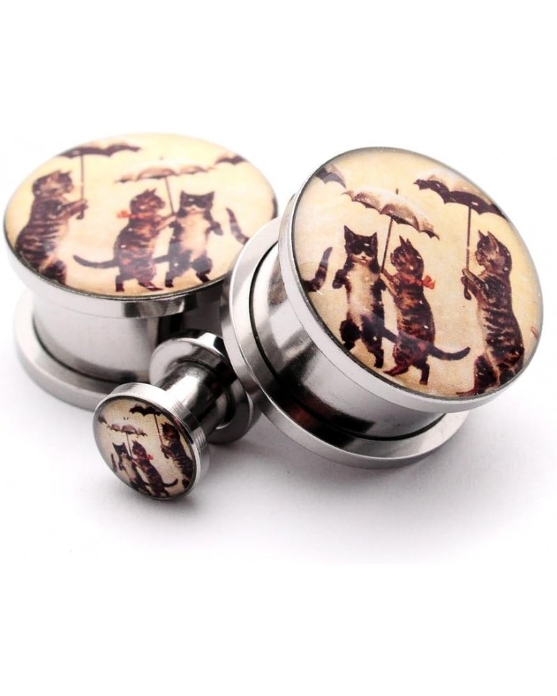 Screw on Plugs - Cats With Umbrellas Picture Plugs - Sold As a Pair 0g (8mm) $10.00 Body Jewelry