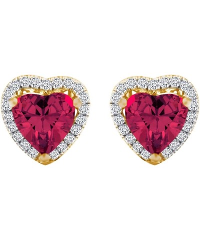 Heart & Round Shape Simulated Ruby & White CZ Stud Earring In 14k Gold Over Sterling Silver (4 cttw) Yellow-gold-plated-silve...