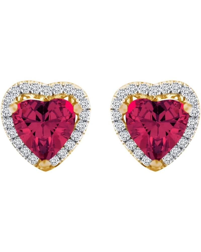 Heart & Round Shape Simulated Ruby & White CZ Stud Earring In 14k Gold Over Sterling Silver (4 cttw) Yellow-gold-plated-silve...