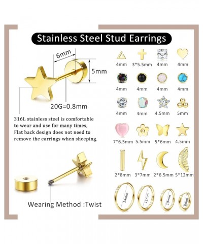 24 Pairs Flat Back Stud Earrings for Women Men Stainless Steel Gold Plated Stud Hoop Earrings Set 20G Moon Star Heart Leaf Fl...