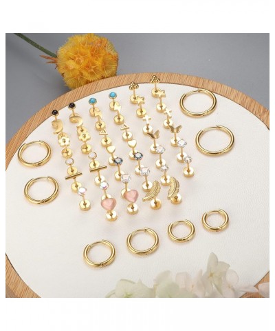 24 Pairs Flat Back Stud Earrings for Women Men Stainless Steel Gold Plated Stud Hoop Earrings Set 20G Moon Star Heart Leaf Fl...