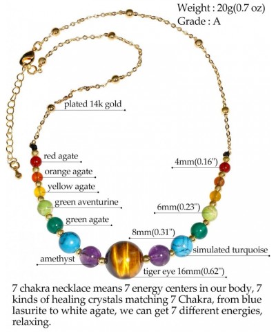 7 Chakra Beaded Stone with Tiger Eye Necklace for Women Plated 14k Gold Chain Healing Crystals and Gemstones Balance Meditati...