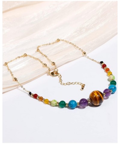 7 Chakra Beaded Stone with Tiger Eye Necklace for Women Plated 14k Gold Chain Healing Crystals and Gemstones Balance Meditati...