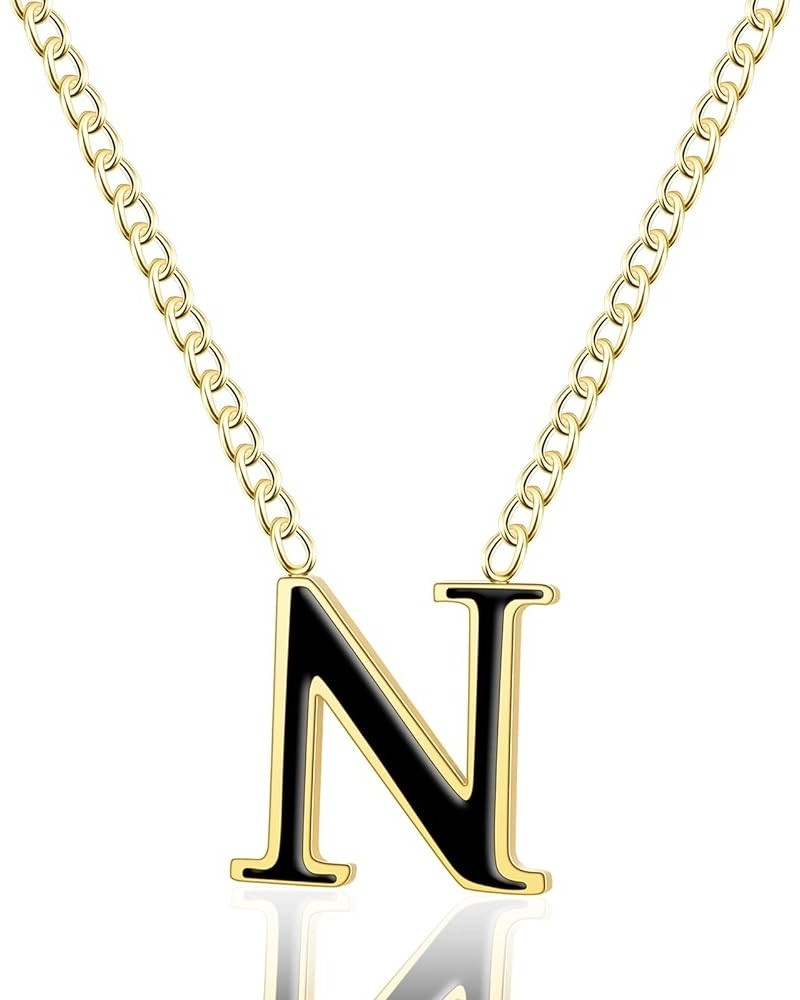 18k Gold-Plated Letter Necklace, Stainless Steel Initial A-Z Pendant Necklaces for Women Girls, Black/Gold, Personalized Chai...