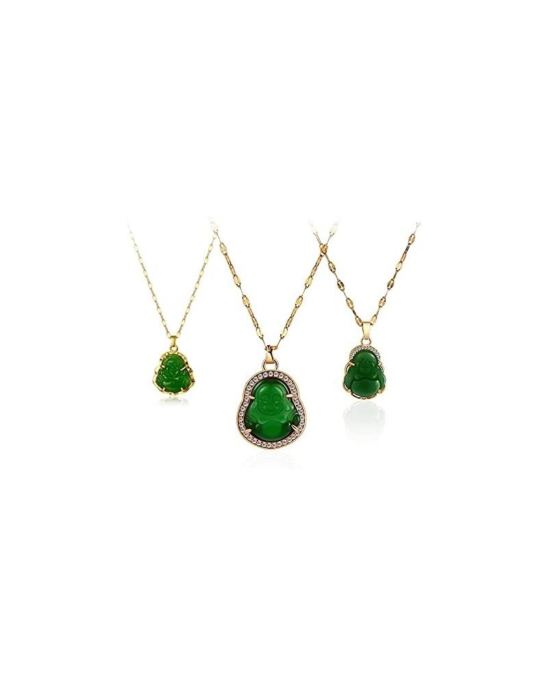 Luxury Laughing Buddha Pendant Necklace Set Lucky Green Jade Cubic Zirconia Bling Gemstone 18k Gold Plated Amulet Jewelry for...