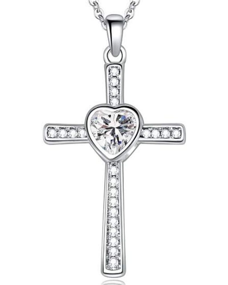 Stainless Steel Heart Birthstone Cross Statement Wedding Cocktail Party Pendant Necklace April-Cubic Zircon $8.09 Necklaces