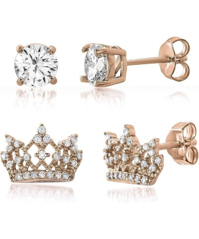 Sterling Silver Cubic Zirconia Princess Royal Tiara Crown Stud 2 Pair Earrings Set for Women Rose $9.97 Earrings