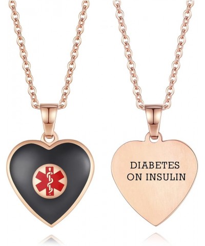 Free Engraving Heart Charm Medical ID Alert Necklaces for Women ROSE GOLD / BLACK diabetes on insulin $12.37 Necklaces