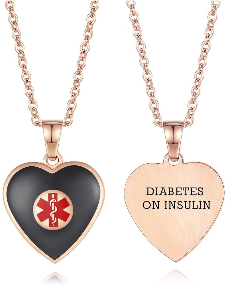 Free Engraving Heart Charm Medical ID Alert Necklaces for Women ROSE GOLD / BLACK diabetes on insulin $12.37 Necklaces