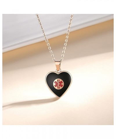 Free Engraving Heart Charm Medical ID Alert Necklaces for Women ROSE GOLD / BLACK diabetes on insulin $12.37 Necklaces