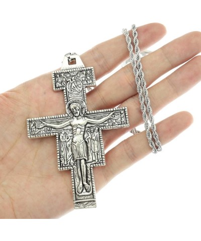 Vintage Saint St Francis of Assisi 3.3in Tau San Damiano Cross Necklace Catholic Crucifix Gift Vintage Silver $7.68 Necklaces