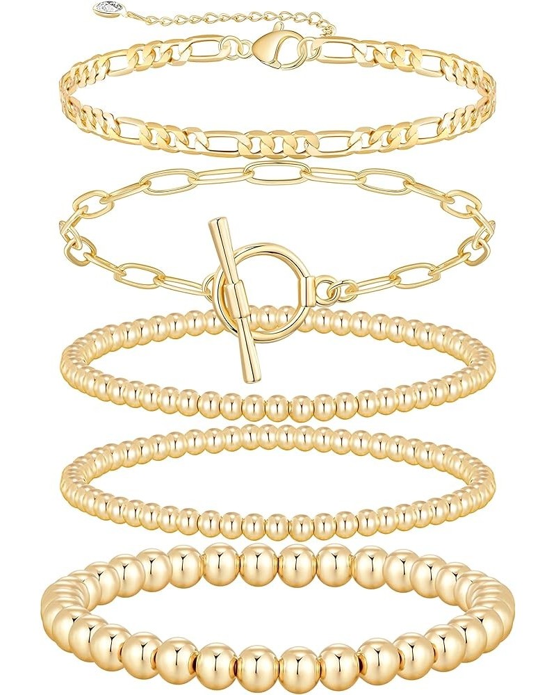 5PCS 14K Gold Plated Bracelets Set for Women Men Adjustable Hypoallergenic Stackable Stretch Bracelet Cuban Chunky Flat Link ...