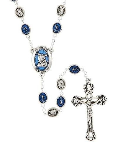 Religious Saint Michael The Archangel Blue Enamel Silver Pleated Rosary Necklace with St Michael Medal Centerpiece and Oval S...