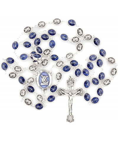 Religious Saint Michael The Archangel Blue Enamel Silver Pleated Rosary Necklace with St Michael Medal Centerpiece and Oval S...