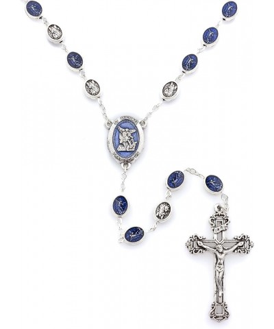 Religious Saint Michael The Archangel Blue Enamel Silver Pleated Rosary Necklace with St Michael Medal Centerpiece and Oval S...