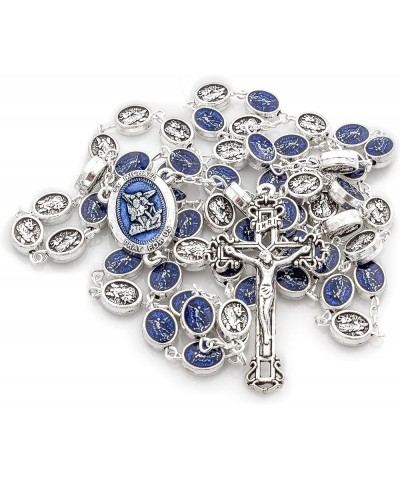 Religious Saint Michael The Archangel Blue Enamel Silver Pleated Rosary Necklace with St Michael Medal Centerpiece and Oval S...