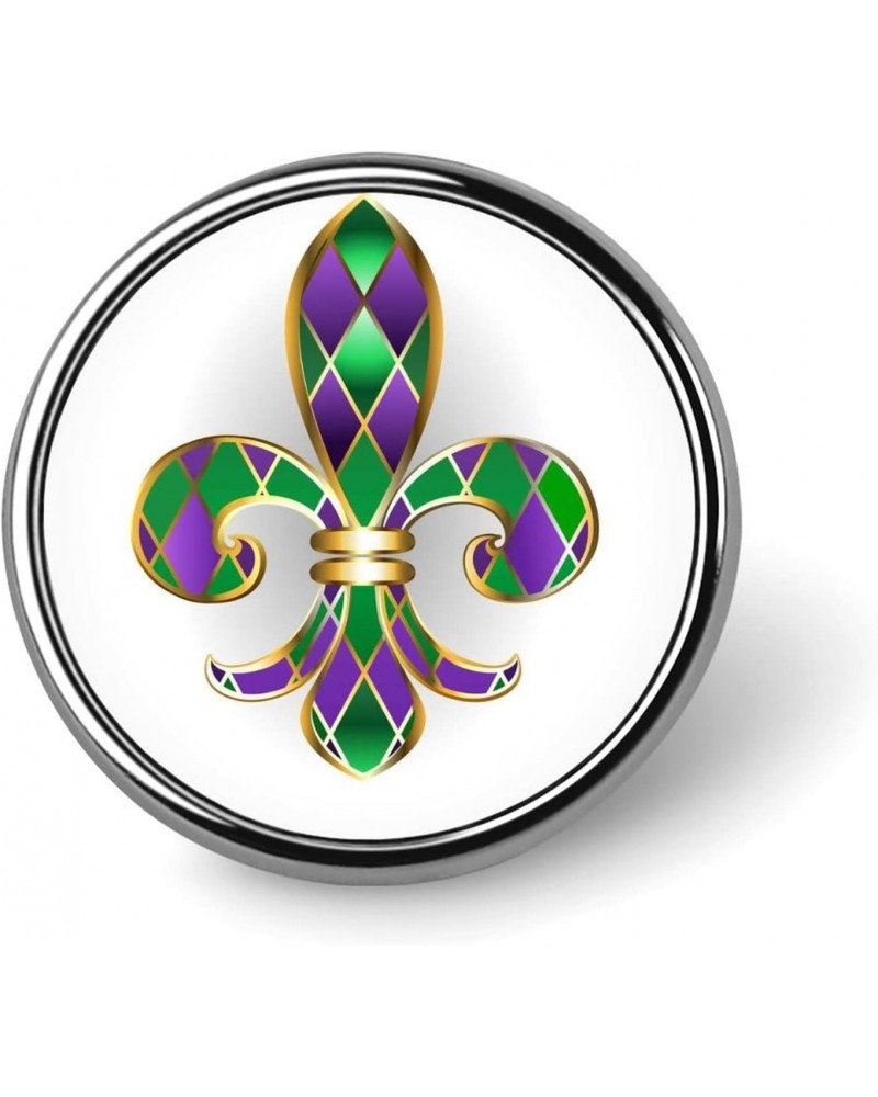 Mardi Gras Gold Jewelry Lily Fleur de Lis Green and Purple Diamonds Round Brooch Pin, Unisex Smooth Surface Lapel Tie Pin, Li...