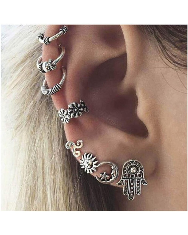 Boho Moon Ear Stud Set Vintage Silver Cuff Earrings Sun Flower Multiple Earrings Stud Ear Jewelry for Women and Girls Gift (8...