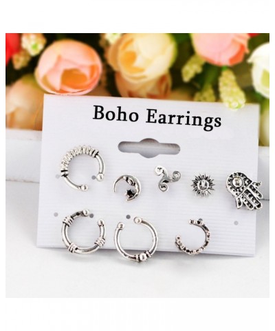 Boho Moon Ear Stud Set Vintage Silver Cuff Earrings Sun Flower Multiple Earrings Stud Ear Jewelry for Women and Girls Gift (8...