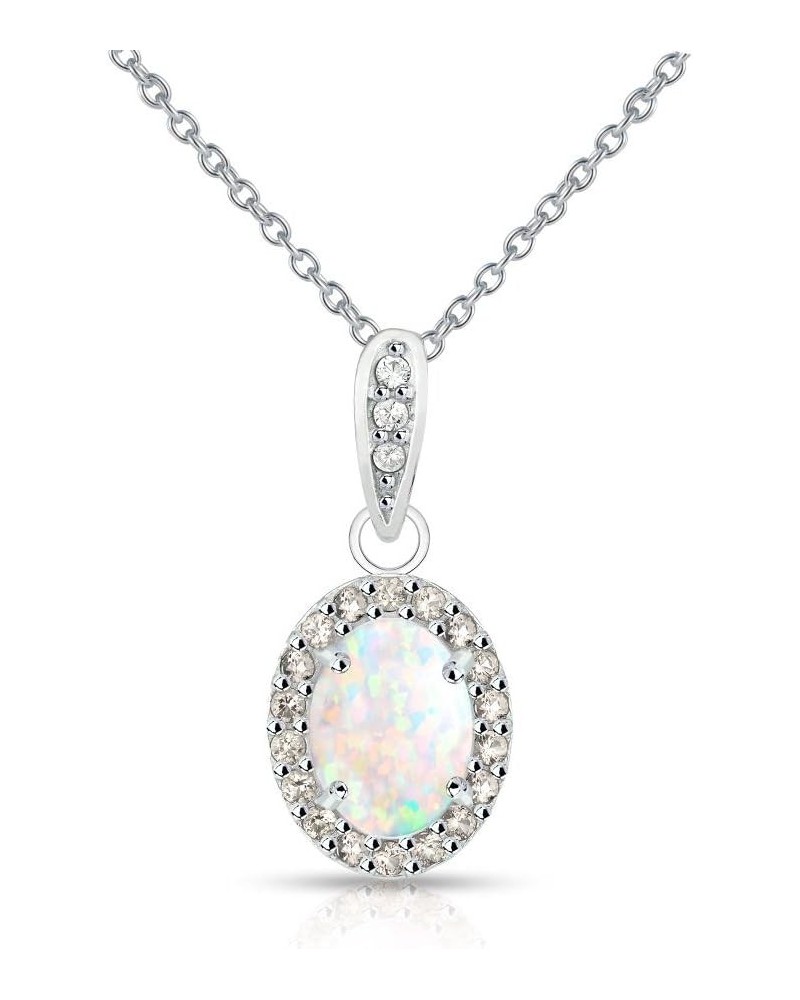 Sterling Silver Synthetic White Opal & Gemstone Oval Halo Necklace for Women Girls Bridesmaids Simulated Morganite $18.80 Nec...