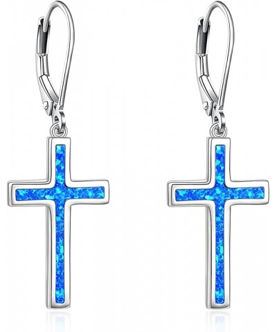 Opal Cross Earrings Sterling Silver Cross Dangle Drop Earring Cross Leverback Earrings Cubic Zirconia Cross Jewelry for Women...