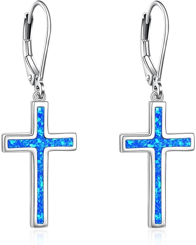 Opal Cross Earrings Sterling Silver Cross Dangle Drop Earring Cross Leverback Earrings Cubic Zirconia Cross Jewelry for Women...