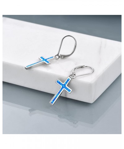 Opal Cross Earrings Sterling Silver Cross Dangle Drop Earring Cross Leverback Earrings Cubic Zirconia Cross Jewelry for Women...