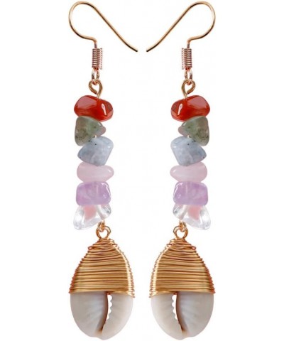 Boho Shell Charms Dangle Earrings Bohemian Crystal Healing Stone Drop Earrings Amethyst Charka Raw Beads Earrings for Women G...