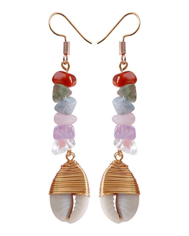 Boho Shell Charms Dangle Earrings Bohemian Crystal Healing Stone Drop Earrings Amethyst Charka Raw Beads Earrings for Women G...