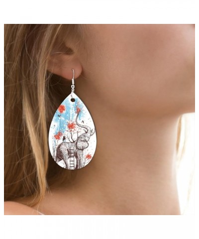 Art Painting Elephant Wood Earrings Lightweight Teardrop Earrings Double-Sided Drop Dangle Earring Jewelry for Women Teen Gir...