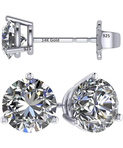 14K Gold Post & Sterling Silver Pure Brilliance Zirconia 3 Prong Martini Style Stud Earrings 1.0ct to 4ct 1.0 Carat Total Wei...