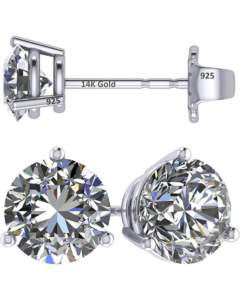 14K Gold Post & Sterling Silver Pure Brilliance Zirconia 3 Prong Martini Style Stud Earrings 1.0ct to 4ct 1.0 Carat Total Wei...